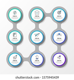Infographic design template. Creative concept with 9 steps. Can be used for workflow layout, diagram, banner, webdesign. Vector illustration