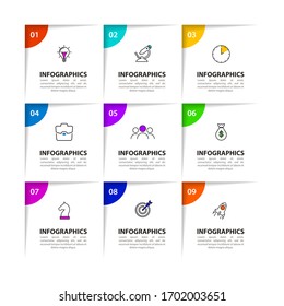 Infographic design template. Creative concept with 9 steps. Can be used for workflow layout, diagram, banner, webdesign. Vector illustration