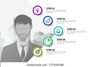Plantilla de diseño infográfico. Concepto creativo con 5 pasos. Se puede utilizar para diseño de flujo de trabajo, diagrama, banner, diseño web. Ilustración del vector