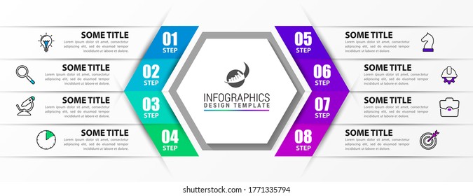 Plantilla de diseño infográfico. Concepto creativo con 8 pasos. Se puede utilizar para diseño de flujo de trabajo, diagrama, banner, diseño web. Ilustración del vector