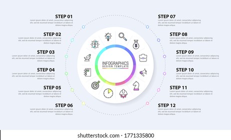 Plantilla de diseño infográfico. Concepto creativo con 12 pasos. Se puede utilizar para diseño de flujo de trabajo, diagrama, banner, diseño web. Ilustración del vector