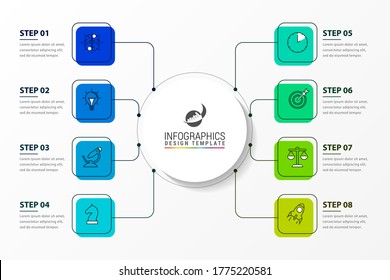 Plantilla de diseño infográfico. Concepto creativo con 8 pasos. Se puede utilizar para diseño de flujo de trabajo, diagrama, banner, diseño web. Ilustración del vector