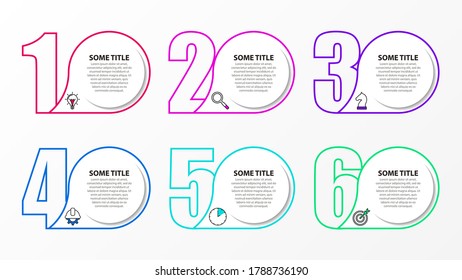 Plantilla de diseño infográfico. Concepto creativo con 6 pasos. Se puede utilizar para diseño de flujo de trabajo, diagrama, banner, diseño web. Ilustración del vector