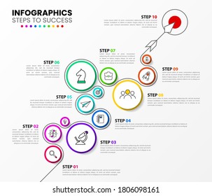 Plantilla de diseño infográfico. Concepto creativo con 10 pasos. Se puede utilizar para diseño de flujo de trabajo, diagrama, banner, diseño web. Ilustración del vector