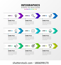 Infographic design template. Creative concept with 9 steps. Can be used for workflow layout, diagram, banner, webdesign. Vector illustration