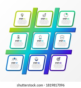 Infographic design template. Creative concept with 9 steps. Can be used for workflow layout, diagram, banner, webdesign. Vector illustration