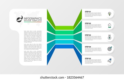Plantilla de diseño infográfico. Concepto creativo con 5 pasos. Se puede utilizar para diseño de flujo de trabajo, diagrama, banner, diseño web. Ilustración del vector