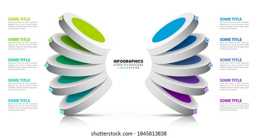 Plantilla de diseño infográfico. Concepto creativo con 10 pasos. Se puede utilizar para diseño de flujo de trabajo, diagrama, banner, diseño web. Ilustración del vector