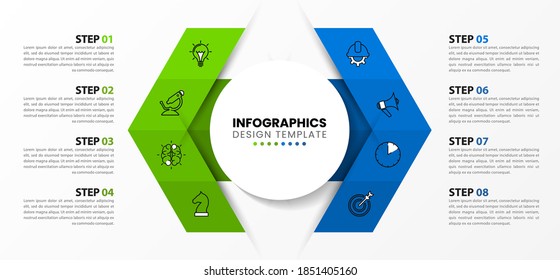 Plantilla de diseño infográfico. Concepto creativo con 8 pasos. Se puede utilizar para diseño de flujo de trabajo, diagrama, banner, diseño web. Ilustración del vector