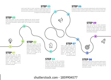 Infographic design template. Creative concept with 9 steps. Can be used for workflow layout, diagram, banner, webdesign. Vector illustration