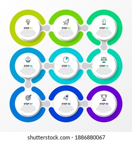 Infographic design template. Creative concept with 9 steps. Can be used for workflow layout, diagram, banner, webdesign. Vector illustration