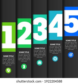 Plantilla de diseño infográfico. Concepto creativo con 5 pasos. Se puede utilizar para diseño de flujo de trabajo, diagrama, banner, diseño web. Ilustración del vector