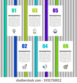 Infographic design template. Creative concept with 6 steps. Can be used for workflow layout, diagram, banner, webdesign. Vector illustration.
