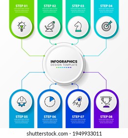 Plantilla de diseño infográfico. Concepto creativo con 8 pasos. Se puede utilizar para diseño de flujo de trabajo, diagrama, banner, diseño web. Ilustración del vector