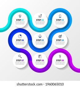 Infographic design template. Creative concept with 9 steps. Can be used for workflow layout, diagram, banner, webdesign. Vector illustration.