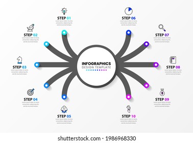 Plantilla de diseño infográfico. Concepto creativo con 10 pasos. Se puede utilizar para diseño de flujo de trabajo, diagrama, banner, diseño web. Ilustración del vector