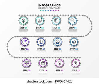 Plantilla de diseño infográfico. Concepto creativo con 12 pasos. Se puede utilizar para diseño de flujo de trabajo, diagrama, banner, diseño web. Ilustración del vector