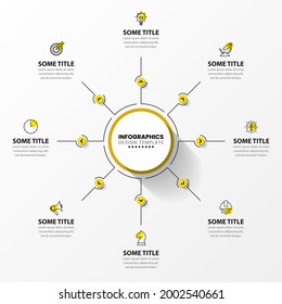 Plantilla de diseño infográfico. Concepto creativo con 8 pasos. Se puede utilizar para diseño de flujo de trabajo, diagrama, banner, diseño web. Ilustración del vector