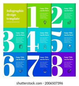 Infographic design template. Creative concept with 8 steps. Can be used for workflow layout, diagram, banner, webdesign. Vector illustration