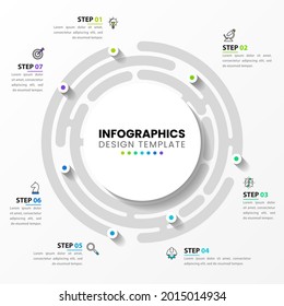 Infografische Design-Vorlage. Kreatives Konzept mit 7 Schritten. Kann für Workflow-Layout, Diagramm, Banner, Webdesign verwendet werden. Vektorgrafik