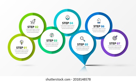Infografische Design-Vorlage. Kreatives Konzept mit 7 Schritten. Kann für Workflow-Layout, Diagramm, Banner, Webdesign verwendet werden. Vektorgrafik