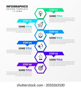 Infografische Design-Vorlage. Kreatives Konzept mit 6 Schritten. Kann für Workflow-Layout, Diagramm, Banner, Webdesign verwendet werden. Vektorgrafik