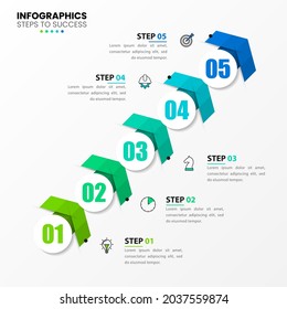 Plantilla de diseño infográfico. Concepto creativo con 5 pasos. Se puede utilizar para diseño de flujo de trabajo, diagrama, banner, diseño web. Ilustración del vector