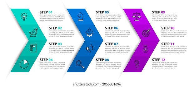 Infographic design template. Creative concept with 12 steps. Can be used for workflow layout, diagram, banner, webdesign. Vector illustration