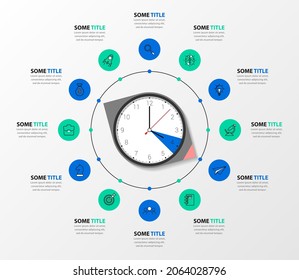 Plantilla de diseño infográfico. Concepto creativo con 12 pasos. Se puede utilizar para diseño de flujo de trabajo, diagrama, banner, diseño web. Ilustración del vector