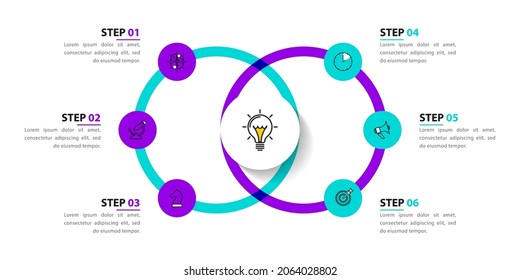 Plantilla de diseño infográfico. Concepto creativo con 6 pasos. Se puede utilizar para diseño de flujo de trabajo, diagrama, banner, diseño web. Ilustración del vector
