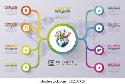 Infographic design template. Creative globe. Colorful circle with icons. Vector illustration