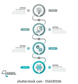 Infographic design template, diagram with 4 circular elements successively connected by lines. Vertical timeline with time indication, pictograms and text boxes. Vector illustration for website, blog.
