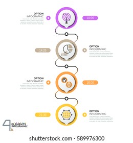 Infographic design template, diagram with 4 circular elements successively connected by lines. Vertical timeline with time indication, pictograms and text boxes. Vector illustration for website, blog.