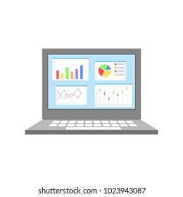 Infographic design template. Diagrams, graphs and bar charts on screen of laptop. Isolated on white background. Vector illustration.