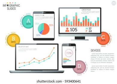 Infographic design template. Diagrams, graphs and bar charts on screens of electronic devices. Desktop and mobile versions of business application concept. Vector illustration for website, banner.