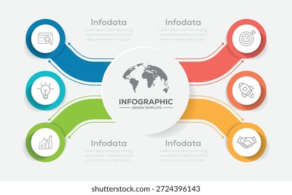 Infografik-Entwurfsvorlage, die einen Prozess mit 6 Schritten, Symbolen und Textbeschreibungen anzeigt. Kann für Präsentationsfolien verwendet werden.