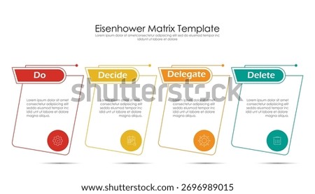 infographic design template with Eisenhower Matrix diagram featuring completed, decided or scheduled, delegated, deleted, or eliminated vector icons. Four quadrants of priority tasks.