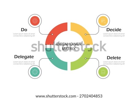 infographic design template with Eisenhower Matrix diagram featuring completed, decided or scheduled, delegated, deleted, or eliminated vector icons. Four quadrants of priority tasks.	