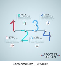 Infographic design template with elements connected by lines in shape of four numbers, business development process concept. Vector illustration for corporate website, banner, presentation, report.