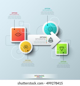 Infographic design template with elements of different shapes: circle, square, arrow. Business development and project planning concept. Vector illustration for corporate website, presentation.