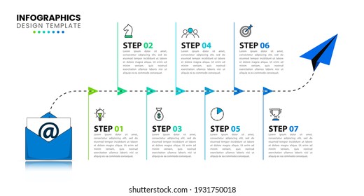 Infographic design template. Email marketing concept with 7 steps. Can be used for workflow layout, diagram, banner, webdesign. Vector illustration