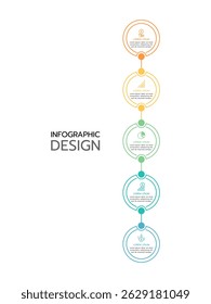 Infografik-Design-Vorlage mit fünf vertikalen, verbundenen Kreisen mit einem Farbverlauf von Orange bis Teal. Jeder Kreis enthält ein dünnes Liniensymbol und angrenzenden Platzhaltertext.