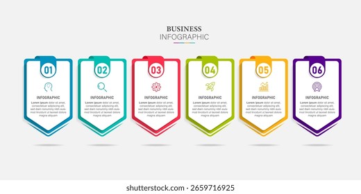 Modelo de design de infográfico na forma de setas de papel apontando para baixo. 6 opções Pode ser usado para web design, diagrama, gráfico, gráfico, opções de etapa, apresentação de negócios