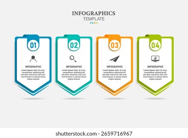 Modelo de design de infográfico na forma de setas de papel apontando para baixo. 4 opções Pode ser usado para web design, diagrama, gráfico, gráfico, opções de etapa, apresentação de negócios