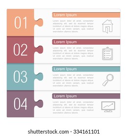 Infographic design template, four puzzle pieces with text and icons, vector eps10 illustration