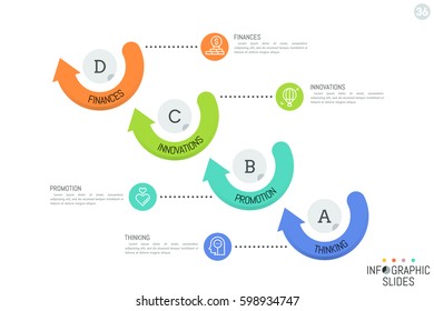 Infographic design template. Four round elements arranged in diagonal line, surrounded by arrows and connected with icons and text boxes. Implementation of innovation concept. Vector illustration.