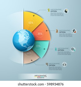 Infographic design template. Four sectoral elements with percentage indication placed around globe and connected with text boxes. Global data and international statistics concept. Vector illustration.