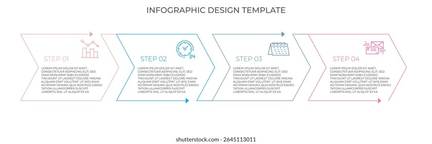 An infographic design template with four steps, each represented by colored arrows and icons, showing progress and data visualization in clean layout