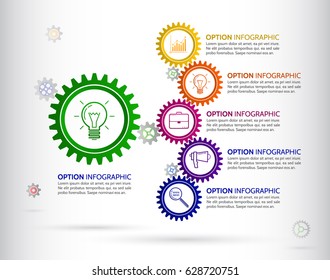 Infographic design template with gear chain. Colorful gear symbol with number, icons and Information text.