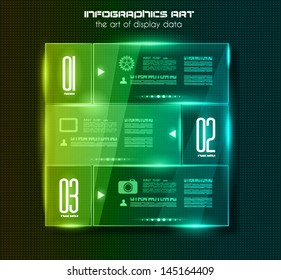 Infographic design template with glass surfaces.and spotlights. Ideal to display information, ranking and statistics with orginal and modern style.